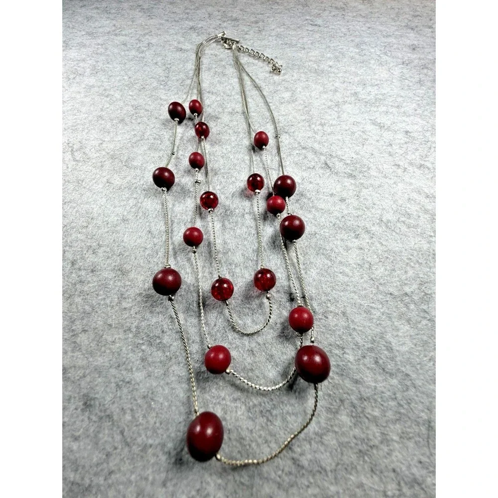 Vintage Y2K Red Beaded Triple Strand Necklace Silver Tone Statement Jewelry